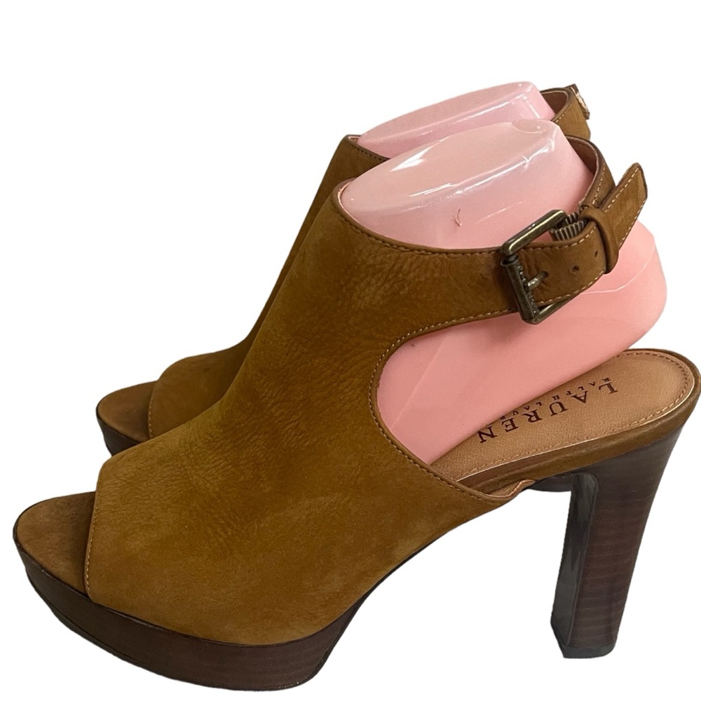 Ralph Lauren leather platform open tor‎ sandals Size 9 Tan Pre Owned * READ*